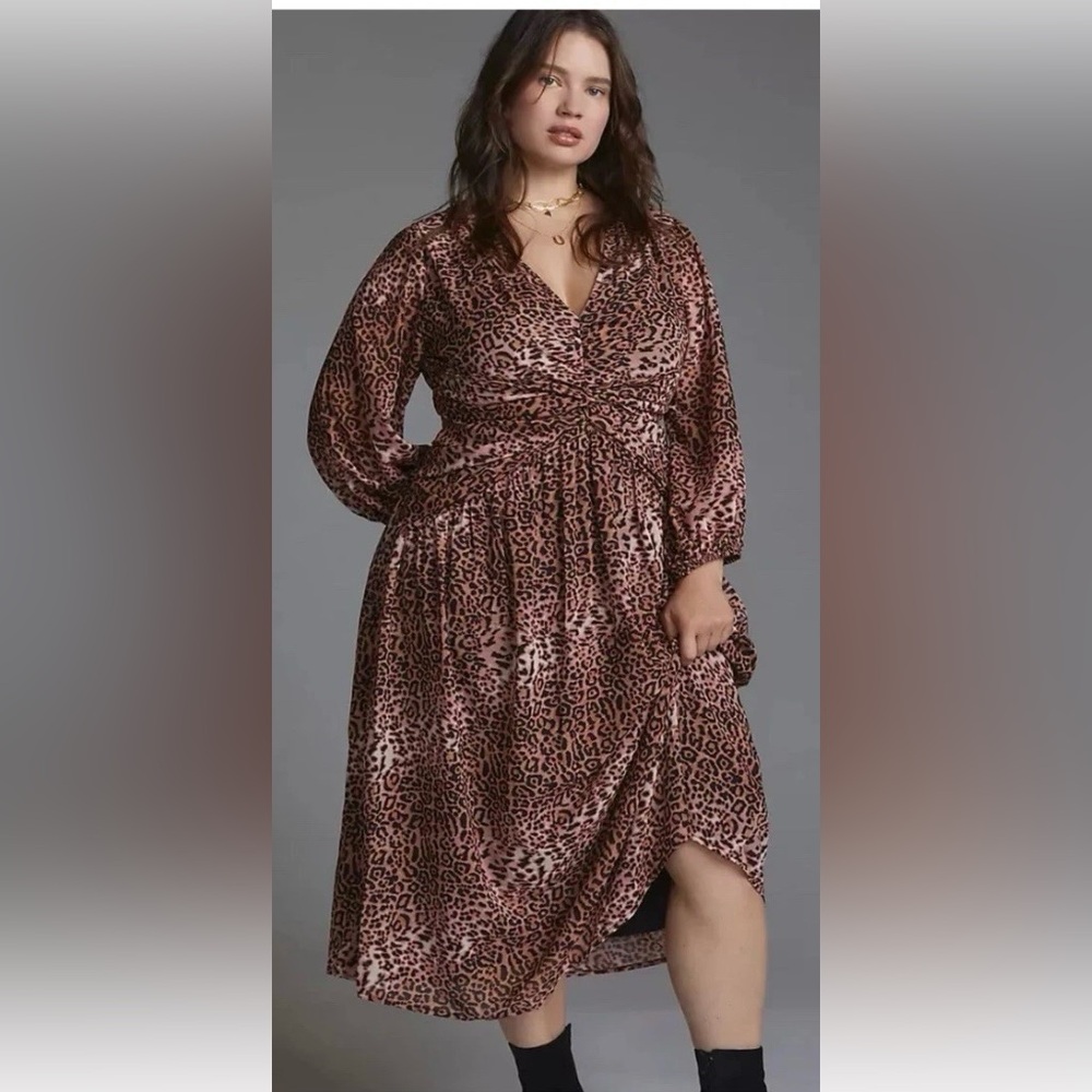 Ranna Gill Brown Leopard Midi Dress from Anthropologie, 3X, NWT